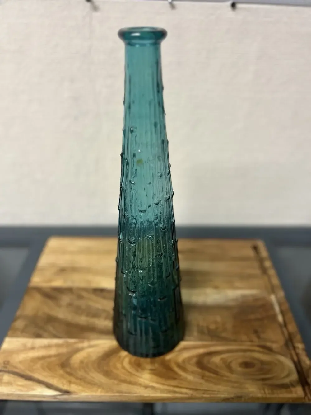 Vtg MCM Italian Empoli Glass Genie Bottle Teal Blue Bamboo Drip Decanter 15”
